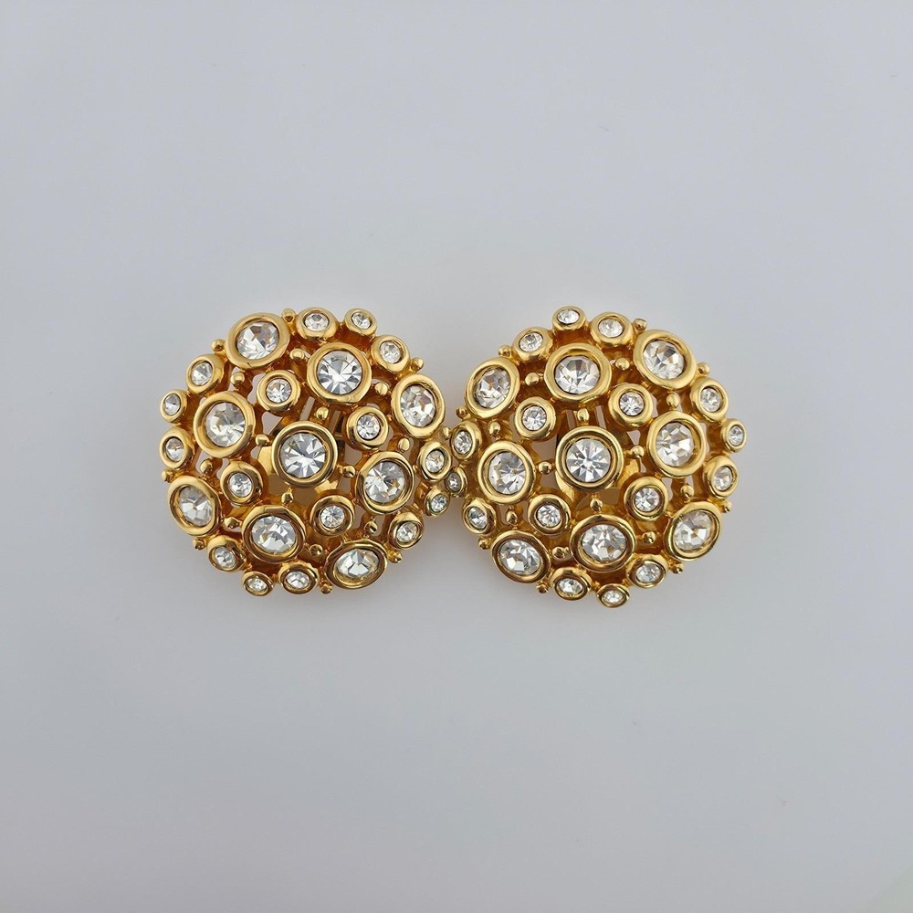 Vtg SWAROVSKI Clip-On Earrings Honey Comb Cluster Crystals Domed Gold Plate - Picture 3 of 11
